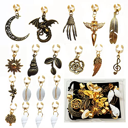  19 PCS Hair Jewelry for Braids Dreadlock Accessories,Adjustable Hair Cuffs Bronze And Gold Color, Sun Moon Pterosaur Wing Shell Rose Leaf , Hair Pendants DIY Locs Hair Charms Hair Clips (Gold)