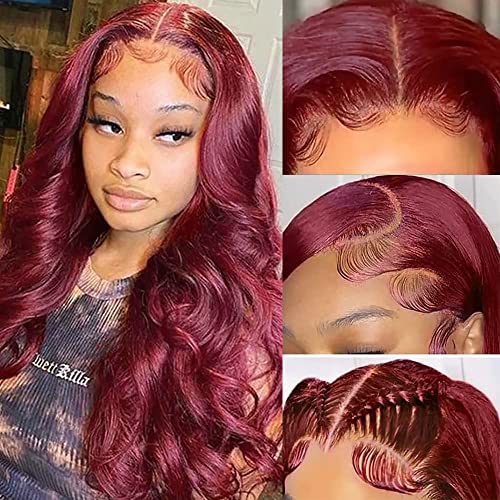 Sdamey 99j Burgundy Lace Front Wigs Human Hair 13X6 Body Wave Wigs HD  Transparent Human Hair Wigs Pre Plucked Bleached Knots with Baby Hair 180% 
