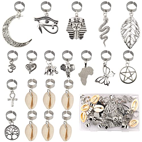  20 PCS Locs Hair Jewelry Braids Hair Clips Adjustable Hair Cuffs 15 Styles Vintage African Pendant Hair Charms Butterfly Shell DIY Locs Hair Accessories (Silver)