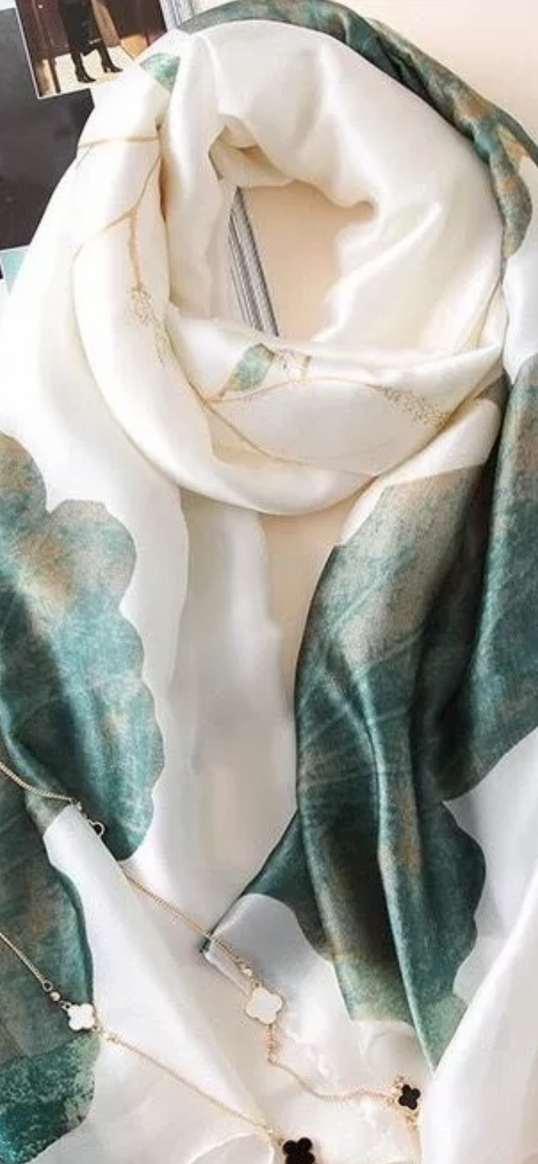 White/Green Long Scarf/Silk Headscarf