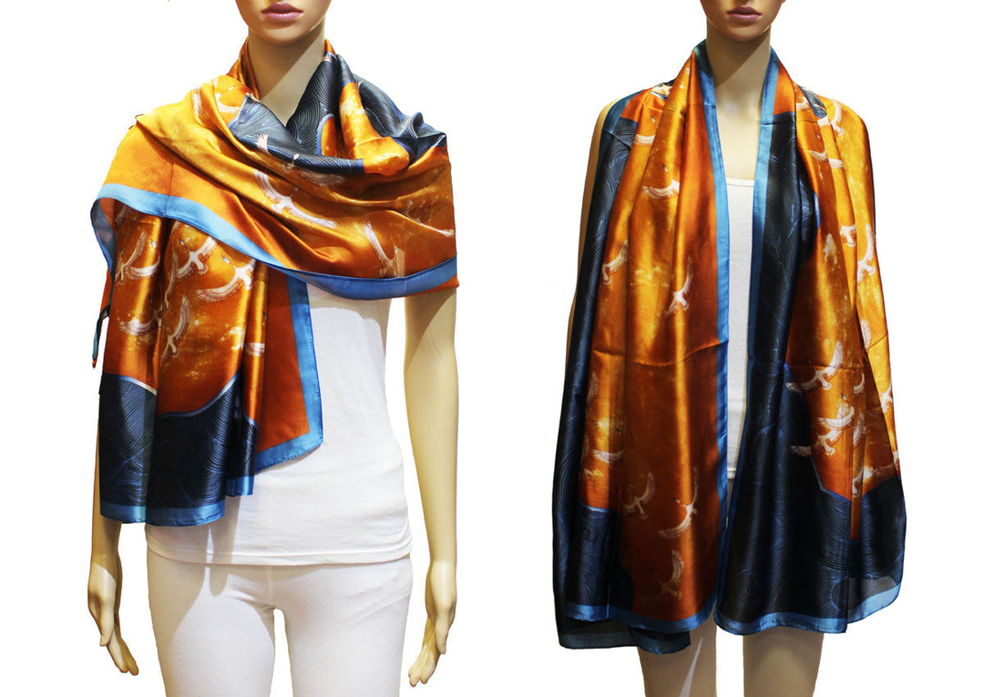 Orange Blue Bird Long Scarf/Silk Headscarf