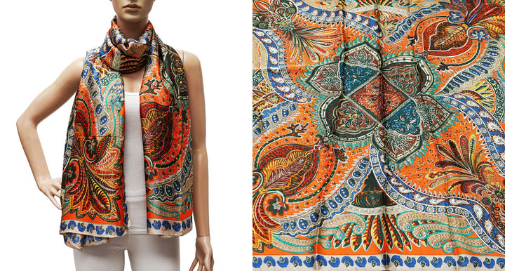 Beige/Orange Long Scarf/Silk Headscarf