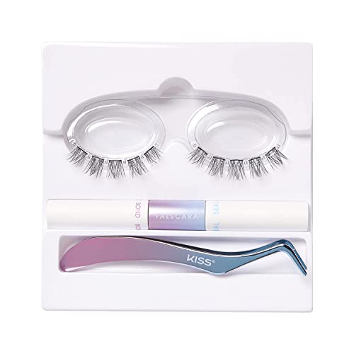 KISS Falscara DIY Lash Extension Starter Kit With 10 Eyelash Lengthening Wisps, Applicator and Bond & Seal – Artificial Featherlight Synthetic Reusable Lash Clusters with Super Hold Microbands