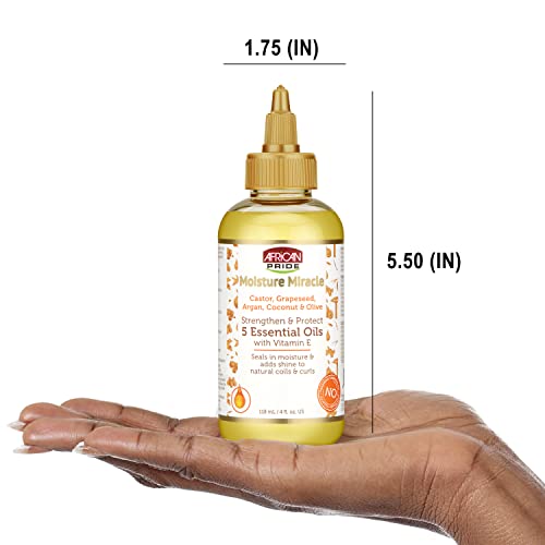  African Pride Moisture Miracle 5 Essential Oils - Contains Castor, Grapeseed, Argan, Coconut & Olive Oil, Seals in Moisture & Adds Shine, Vitamin E, 4 oz (3 Pack)