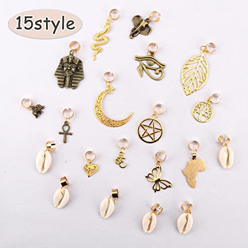 20 PCS Locs Hair Jewelry Braids Hair Clips Adjustable Hair Cuffs 15 Styles Vintage African Pendant Hair Charms Butterfly Shell DIY Locs Hair Accessories (Bronze and Gold)