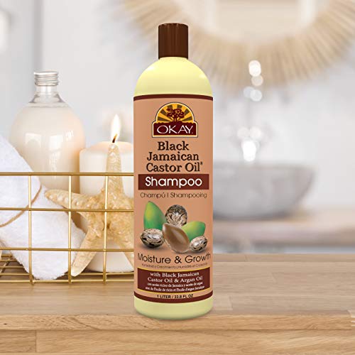 OKAY | Black Jamaican Castor Oil Moisture Growth Shampoo | For All Hair Types & Textures | Moisturize & Regrow Hair | With Argan Oil | Free of Paraben, Silicone, Sulfate , White , 33 oz