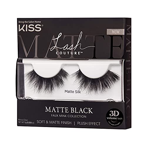 KISS Lash Couture Matte Black Faux Mink Collection, False Eyelashes 1-Pack, Soft Real Mink Texture & Matte Finish, High Impact Color, 3D Volume, Knot-Free Lash Band, Reusable, Matte Silk, 1 Pair