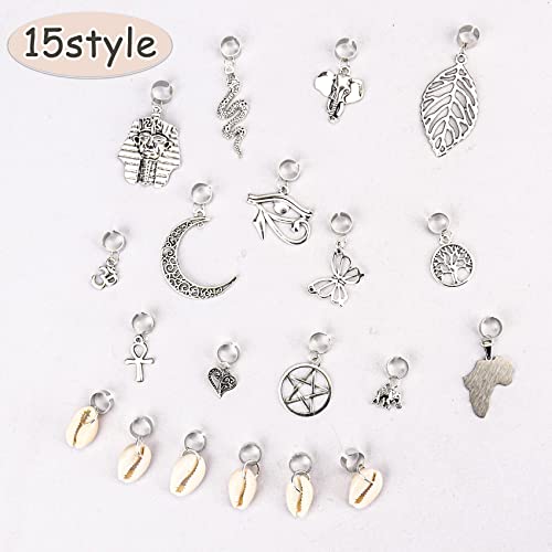 20 PCS Locs Hair Jewelry Braids Hair Clips Adjustable Hair Cuffs 15 Styles Vintage African Pendant Hair Charms Butterfly Shell DIY Locs Hair Accessories (Silver)