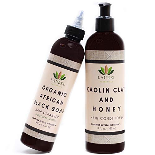 Laurel Essentials Organic African Black Soap Shampoo and Conditioner Set for Dry,Itchy Scalp - w/ Kaolin Clay & Honey - Anti Dandruff, Sulfate Free Formula for All Hair Types + Promotes Hair Growth - Clarifying and Moisturizing Treatment (8oz &12oz)