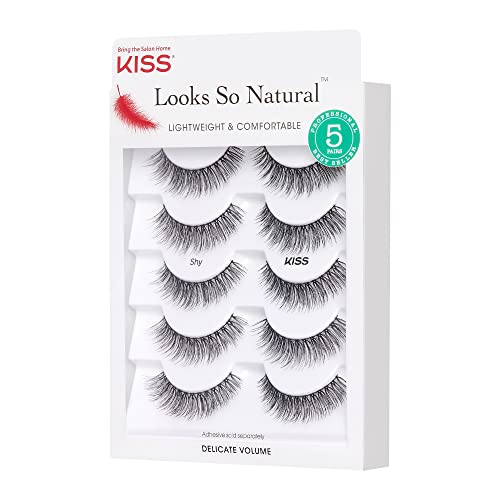 KISS Looks So Natural False Eyelashes Multipack, Lightweight & Comfortable, Tapered End Technology, Reusable, Cruelty-Free, Contact Lens Friendly, Style 'Shy', 5 Pairs Fake Eyelashes