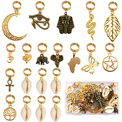 20 PCS Locs Hair Jewelry Braids Hair Clips Adjustable Hair Cuffs 15 Styles Vintage African Pendant Hair Charms Butterfly Shell DIY Locs Hair Accessories (Bronze and Gold)