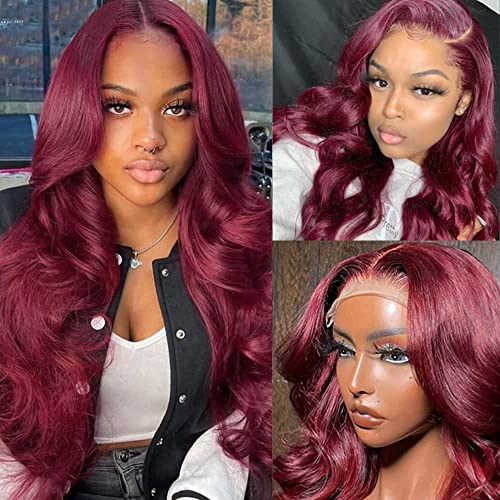 Sdamey 99j Burgundy Lace Front Wigs Human Hair 13X6 Body Wave Wigs HD Transparent Human Hair Wigs Pre Plucked Bleached Knots with Baby Hair 180% Density Brazilian Virgin Glueless Red Wigs for Black Women (30 Inch, 13X6 99J Body Wave)