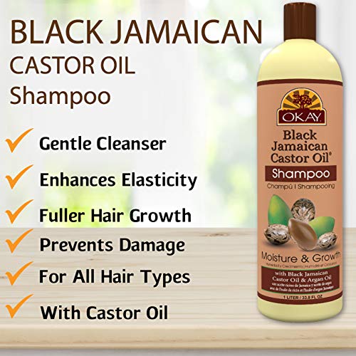 OKAY | Black Jamaican Castor Oil Moisture Growth Shampoo | For All Hair Types & Textures | Moisturize & Regrow Hair | With Argan Oil | Free of Paraben, Silicone, Sulfate , White , 33 oz