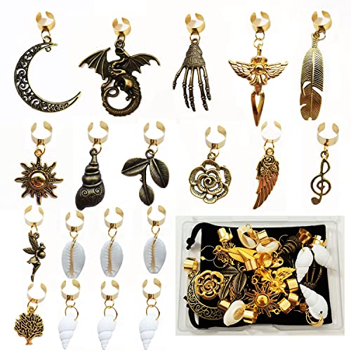 19 PCS Hair Jewelry for Braids Dreadlock Accessories,Adjustable Hair Cuffs Bronze And Gold Color, Sun Moon Pterosaur Wing Shell Rose Leaf , Hair Pendants DIY Locs Hair Charms Hair Clips (Gold)