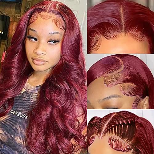 Sdamey 99j Burgundy Lace Front Wigs Human Hair 13X6 Body Wave Wigs HD Transparent Human Hair Wigs Pre Plucked Bleached Knots with Baby Hair 180% Density Brazilian Virgin Glueless Red Wigs for Black Women (30 Inch, 13X6 99J Body Wave)