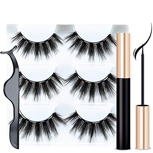 Magnetic Eyelashes with Eyeliner - Magnetic Eyeliner and Lashes Kit, 5D Faux Mink Lashes,Eyelashes Natural Look Reusable False Lashes (3 Pairs)