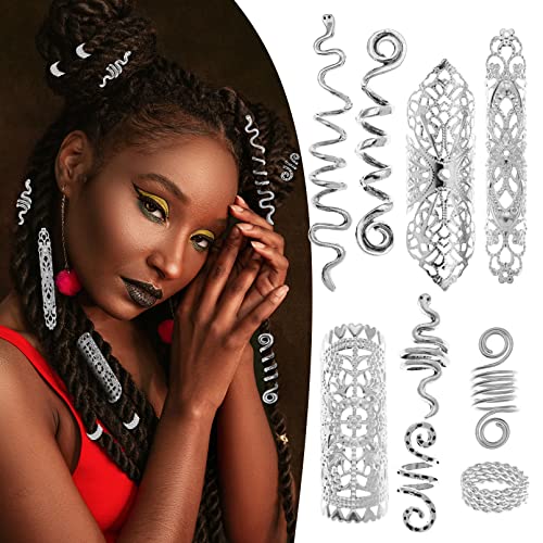 58 Pieces Hair Braids Dread Locs Jewelry Long Snake Swirl Filigree Dreadlocks Accessories Pirate Beard Tube Beads Cuff Rings Hair Decoration Silver