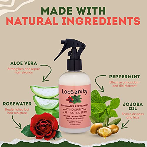 Locsanity Daily Moisturizing Refreshing Spray for Locs, Dreadlocks - Rose Water and Peppermint Hair Scalp Moisturizer, Dreadlock Spray - Natural Loc Care and Maintenance (8oz