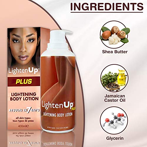 LightenUp, Skin Lightening Lotion | 13.5 Fl oz / 400ml | Hyperpigmentation Treatment , Fade Dark Spot on: Body, Knees, Elbows, Hands, Underarms | with Jamaican Castor Oil and Shea Butter