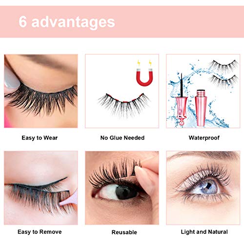 [5 Pairs] Magnetic Eyelashes and Eyeliner Kit, Lanvier Reusable 3D Magnetic False Lashes Extension No Glue Needed - Black