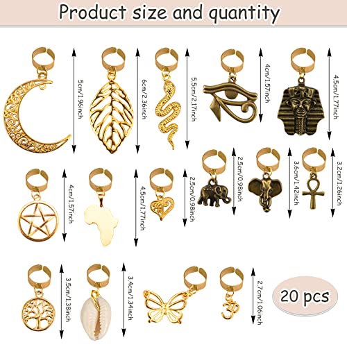 20 PCS Locs Hair Jewelry Braids Hair Clips Adjustable Hair Cuffs 15 Styles Vintage African Pendant Hair Charms Butterfly Shell DIY Locs Hair Accessories (Bronze and Gold)