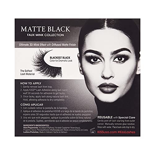 KISS Lash Couture Matte Black Faux Mink Collection, False Eyelashes 1-Pack, Soft Real Mink Texture & Matte Finish, High Impact Color, 3D Volume, Knot-Free Lash Band, Reusable, Matte Silk, 1 Pair