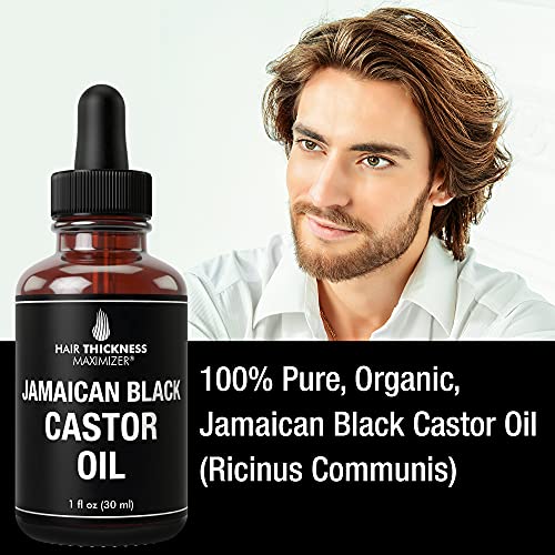 Jamaican Black Castor Oil (1fl Oz) by Hair Thickness Maximizer. Pure Unrefined Oils for Thickening Hair, Eyelashes, Eyebrows. Avoid Hair Loss, Thinning Hair for Men and Women