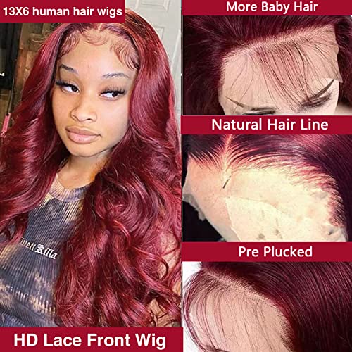 Sdamey 99j Burgundy Lace Front Wigs Human Hair 13X6 Body Wave Wigs HD Transparent Human Hair Wigs Pre Plucked Bleached Knots with Baby Hair 180% Density Brazilian Virgin Glueless Red Wigs for Black Women (30 Inch, 13X6 99J Body Wave)
