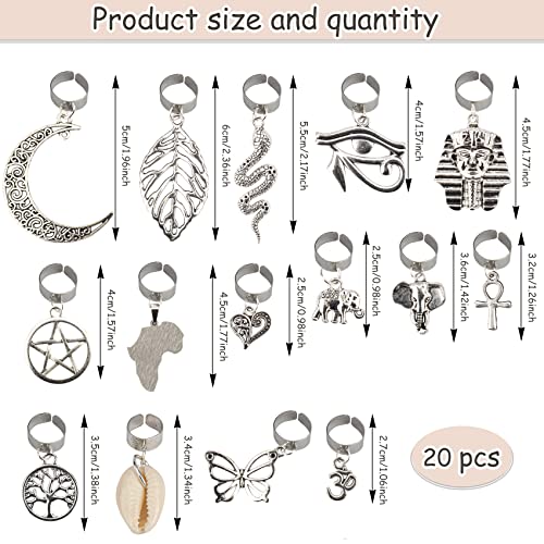 20 PCS Locs Hair Jewelry Braids Hair Clips Adjustable Hair Cuffs 15 Styles Vintage African Pendant Hair Charms Butterfly Shell DIY Locs Hair Accessories (Silver)