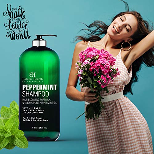  BOTANIC HEARTH Peppermint Oil Shampoo - Hair Blooming Formula with Keratin for Thinning Hair - Fights Hair Loss, Promotes Hair Growth - Sulfate Free for Men and Women - 16 fl oz