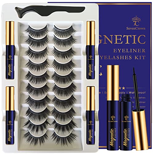 3D Magnetic Eyelashes with Eyeliner Kit - SevenCrown Magnetic Lashes Natural Looking with Upgraded 4 Tubes of Magnetic Liner Waterproof, Long Lasting,10 Pairs Reusable False Eyelashes Easy to Apply.