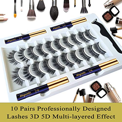  3D Magnetic Eyelashes with Eyeliner Kit - SevenCrown Magnetic Lashes Natural Looking with Upgraded 4 Tubes of Magnetic Liner Waterproof, Long Lasting,10 Pairs Reusable False Eyelashes Easy to Apply.