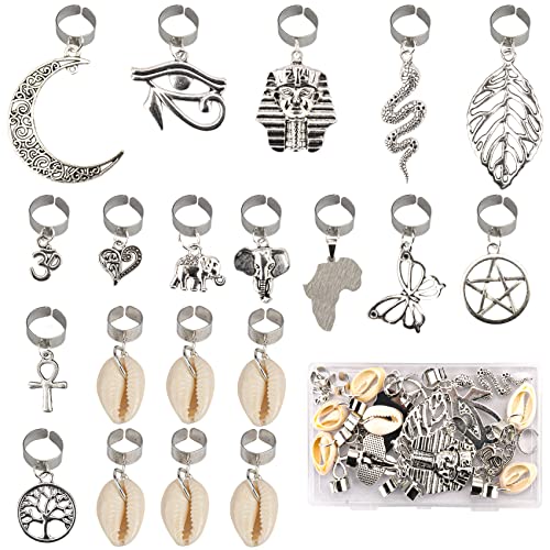 20 PCS Locs Hair Jewelry Braids Hair Clips Adjustable Hair Cuffs 15 Styles Vintage African Pendant Hair Charms Butterfly Shell DIY Locs Hair Accessories (Silver)