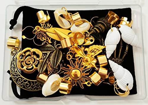 19 PCS Hair Jewelry for Braids Dreadlock Accessories,Adjustable Hair Cuffs Bronze And Gold Color, Sun Moon Pterosaur Wing Shell Rose Leaf , Hair Pendants DIY Locs Hair Charms Hair Clips (Gold)