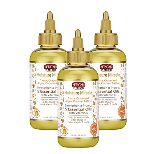 African Pride Moisture Miracle 5 Essential Oils - Contains Castor, Grapeseed, Argan, Coconut & Olive Oil, Seals in Moisture & Adds Shine, Vitamin E, 4 oz (3 Pack)