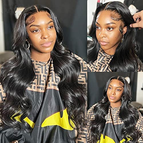 HD 13×6 Lace Front Wigs Human Hair Body Wave Glueless 180 Density Pre Plucked with Baby Hair Transparent Natural Wavy Frontal Lace Wig for Black Women Long Hair (13×6 body wigs, 22inch)