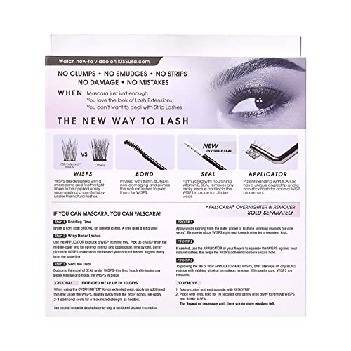 KISS Falscara DIY Lash Extension Starter Kit With 10 Eyelash Lengthening Wisps, Applicator and Bond & Seal – Artificial Featherlight Synthetic Reusable Lash Clusters with Super Hold Microbands