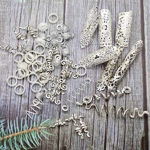 58 Pieces Hair Braids Dread Locs Jewelry Long Snake Swirl Filigree Dreadlocks Accessories Pirate Beard Tube Beads Cuff Rings Hair Decoration Silver