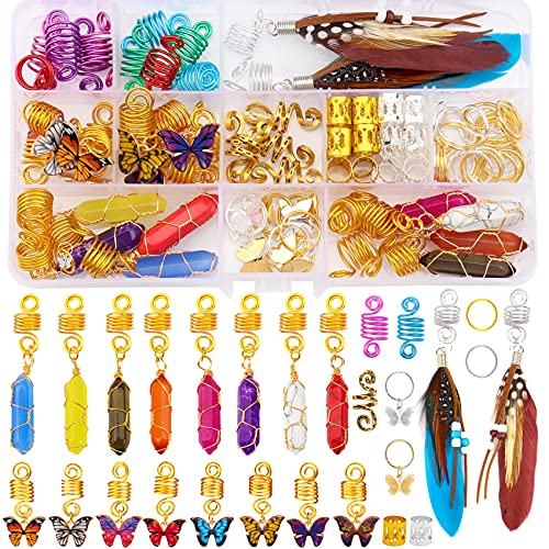 95 PCS Dreadlock Accessories Cystal Wire Wrapped Handmade Natural Adornment Butterfly Braid Clips Feather Braids Dread Hair Decoration Hair Coils Rings Hair Cuffs Hair Jewelry for los Braids