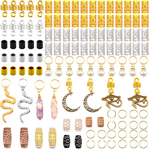 Messen 121Pcs Dreadlocks Jewelry Crystal Wire Wrapped Loc Adornment Imitation Wood Beads Braid Accessories Hair Cuffs Beard Tube Beads Hair Coils Rings Pearl Pendants for Braids Hair Clip Decoration