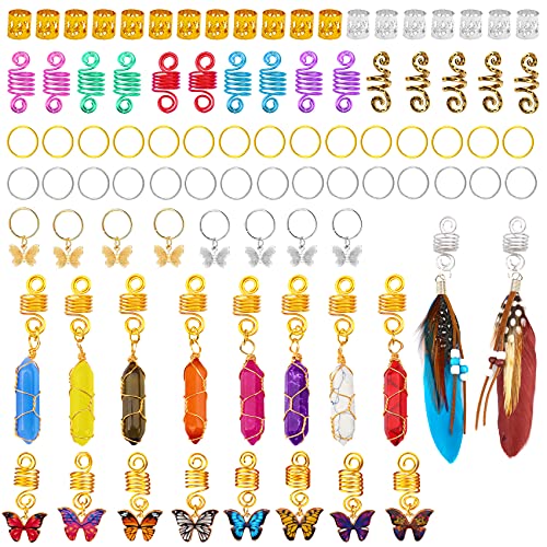 95 PCS Dreadlock Accessories Cystal Wire Wrapped Handmade Natural Adornment Butterfly Braid Clips Feather Braids Dread Hair Decoration Hair Coils Rings Hair Cuffs Hair Jewelry for los Braids
