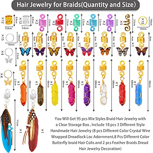  95 PCS Dreadlock Accessories Cystal Wire Wrapped Handmade Natural Adornment Butterfly Braid Clips Feather Braids Dread Hair Decoration Hair Coils Rings Hair Cuffs Hair Jewelry for los Braids