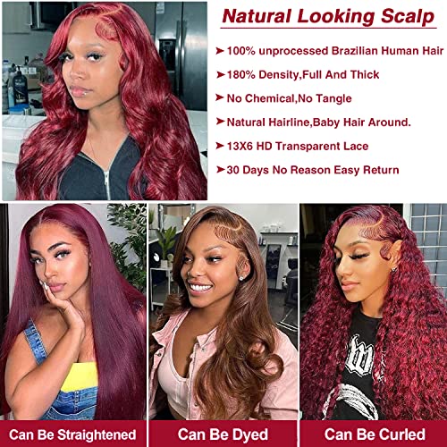 Sdamey 99j Burgundy Lace Front Wigs Human Hair 13X6 Body Wave Wigs HD Transparent Human Hair Wigs Pre Plucked Bleached Knots with Baby Hair 180% Density Brazilian Virgin Glueless Red Wigs for Black Women (30 Inch, 13X6 99J Body Wave)