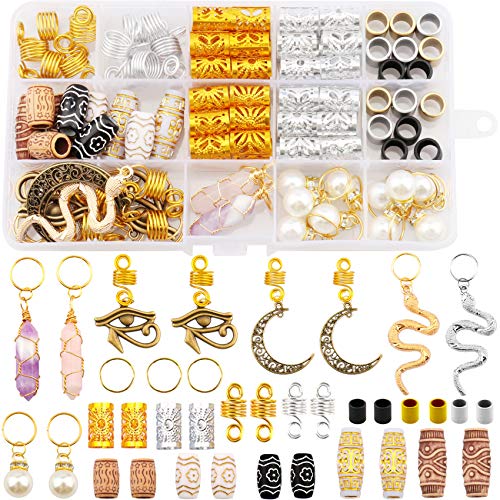 Messen 121Pcs Dreadlocks Jewelry Crystal Wire Wrapped Loc Adornment Imitation Wood Beads Braid Accessories Hair Cuffs Beard Tube Beads Hair Coils Rings Pearl Pendants for Braids Hair Clip Decoration