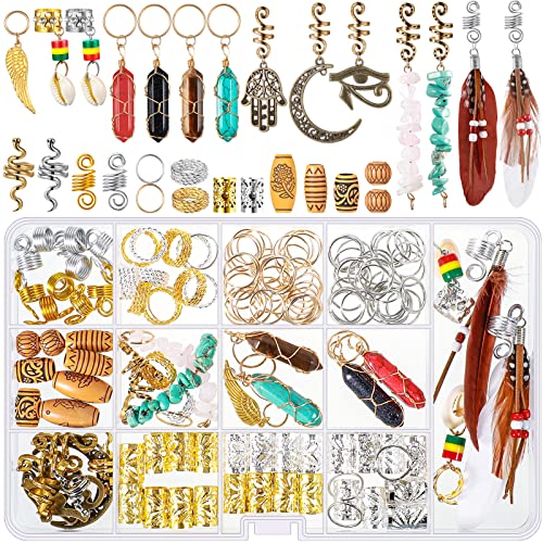 150 Pieces Dreadlock Jewelry Crystal Wire Wrapped Loc Adornment Assorted Imitation Wood Beads Braid Accessories Hair Jewels for Braids Hair Cuffs Decorations for Women Girl（Vivid Style）